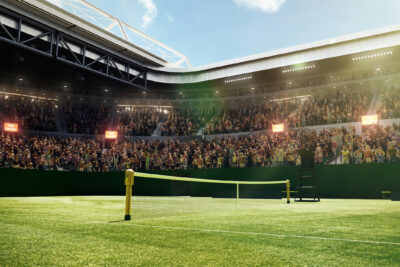 Sunlight bathes a vibrant Wimbledon tennis court, surrounded by packed stands, ready for a captivating match, highlighting luxury travel and tours in London and Wimbledon Championships packages.
