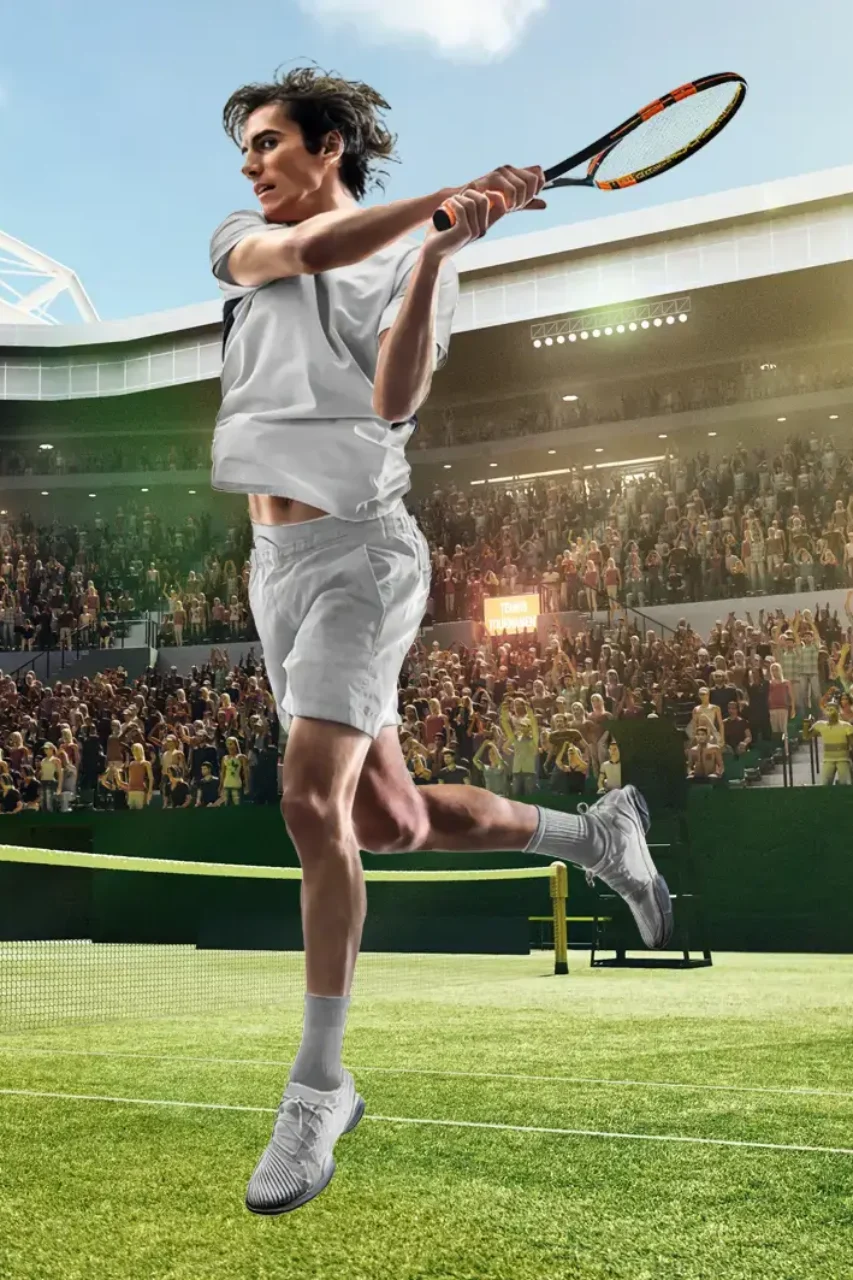 A male tennis player in motion, hitting a backhand shot at Wimbledon, with a packed crowd watching, captured in a setting ideal for those interested in luxury sports travel packages.