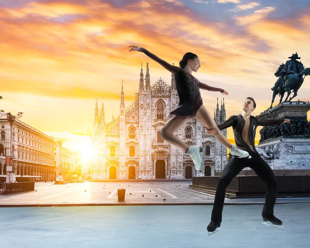 Two figure skaters perform a lift against a backdrop of iconic Milanese architecture, including the Duomo, under a vibrant sunset, symbolizing the upcoming Winter Games in Milan and Cortina, Italy.