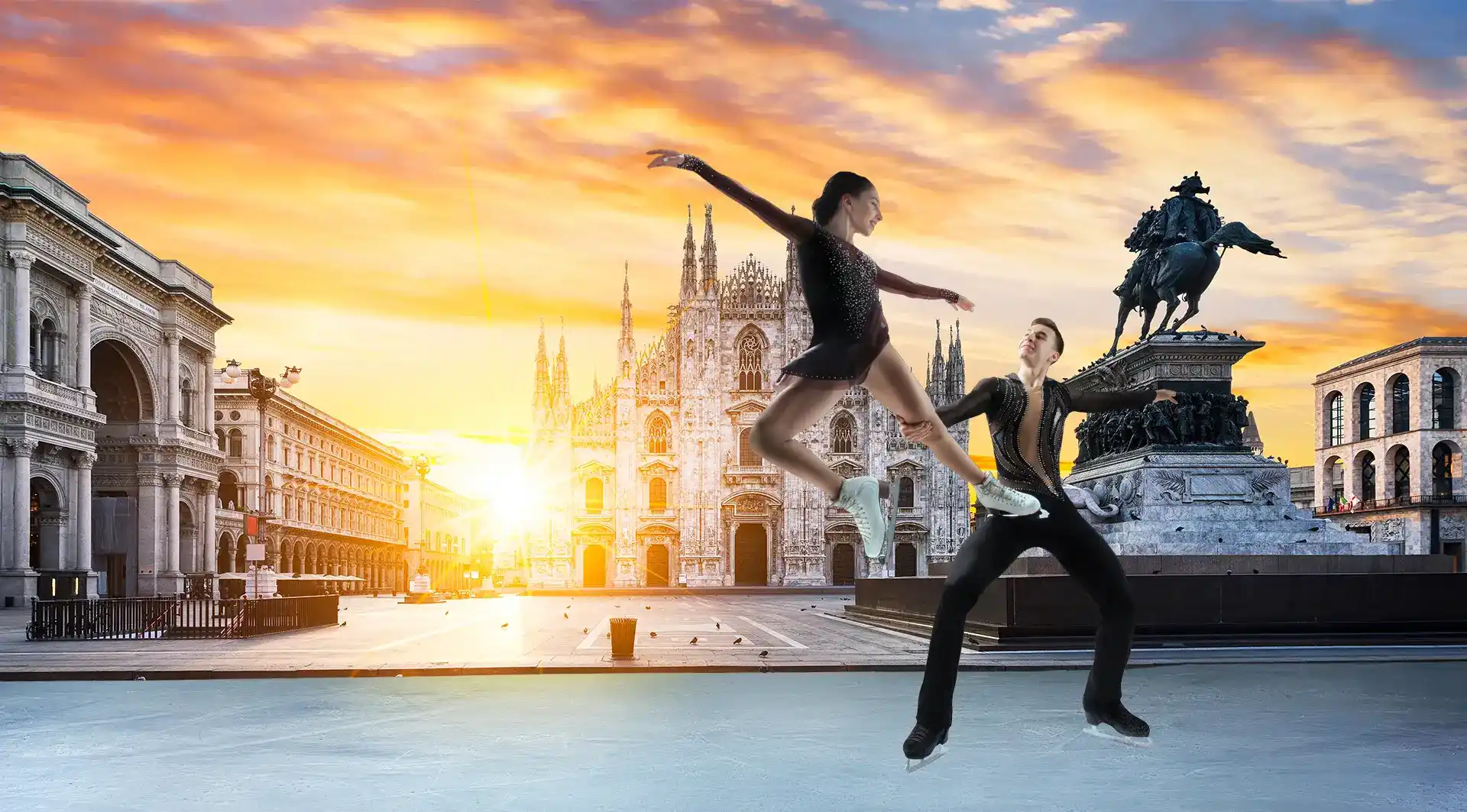 Two figure skaters perform a lift against a backdrop of iconic Milanese architecture, including the Duomo, under a vibrant sunset, symbolizing the upcoming Winter Games in Milan and Cortina, Italy.