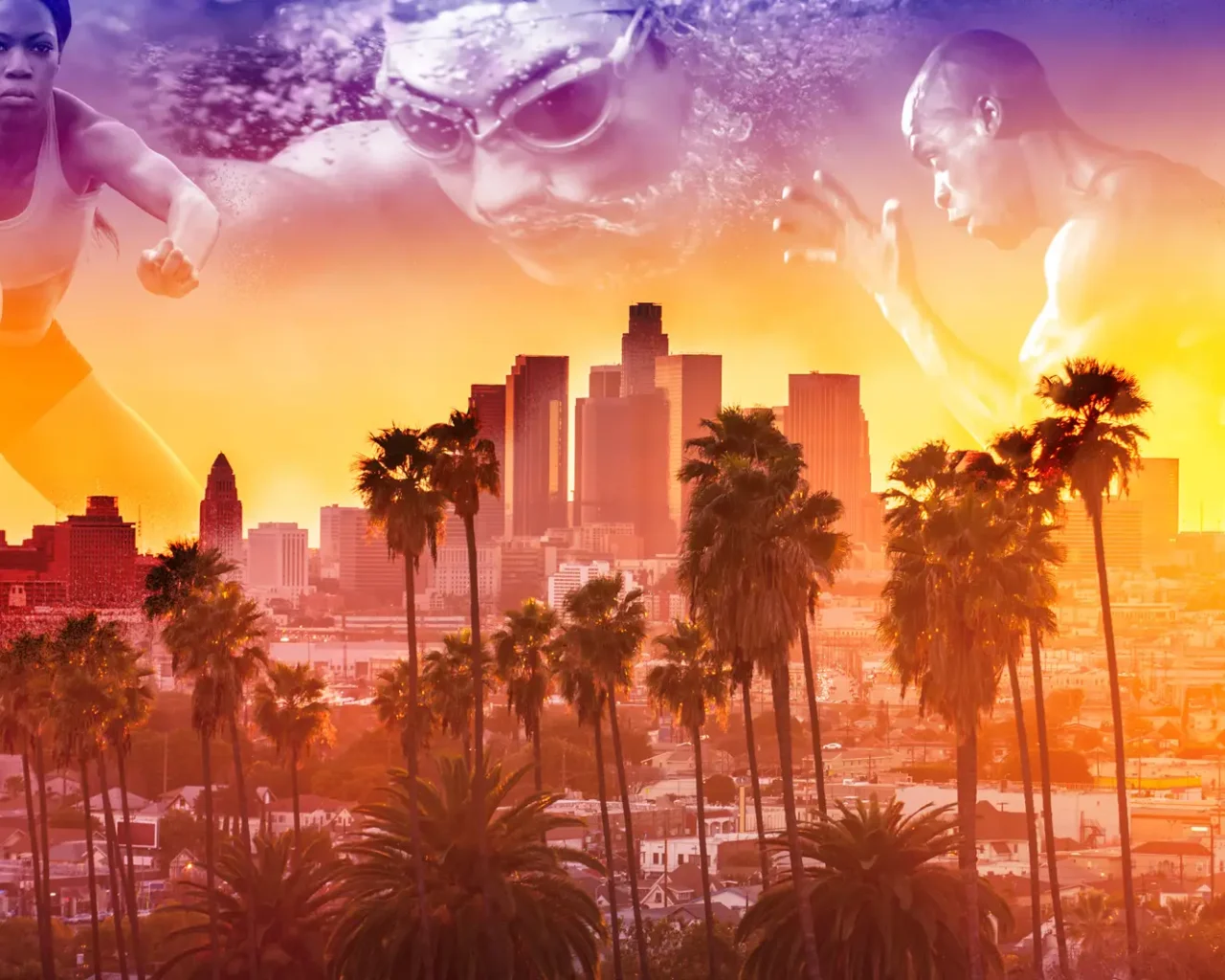 A vibrant montage showcases athletes in action with a backdrop of Los Angeles skyscrapers and palm trees, highlighting the excitement of upcoming Summer Games.