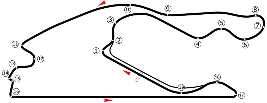 Illustrated map of the Miami Grand Prix race track showing turns and direction arrows, hinting at the layout for the upcoming event.