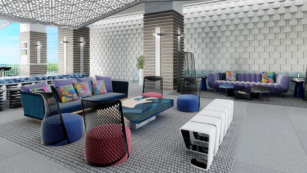 Luxury outdoor lounge area at Renaissance Daytona Beach Oceanfront Hotel featuring modern furniture and vibrant, colorful cushions. Ideal spot near Daytona Beach for accommodations and events.