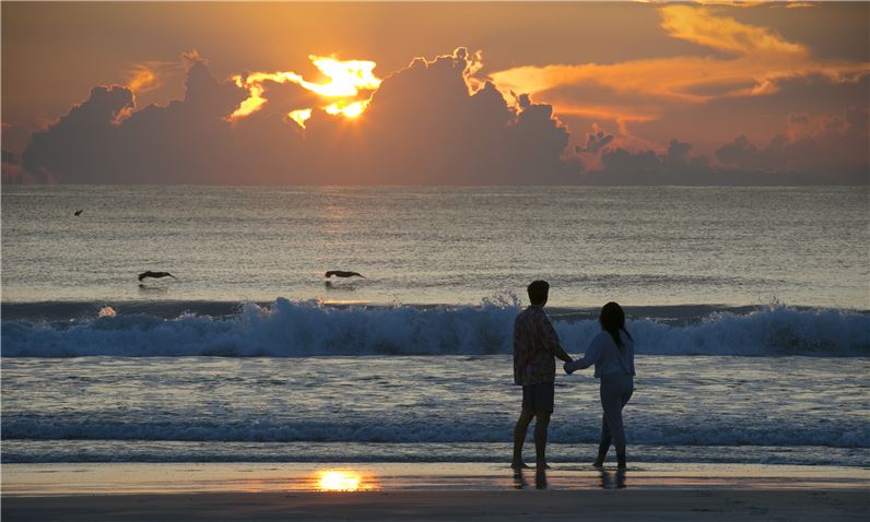 Two people holding hands on the beach at sunrise, with birds flying over the ocean near the Hilton Daytona Beach Oceanfront Resort, a popular choice for Daytona Beach hotels.