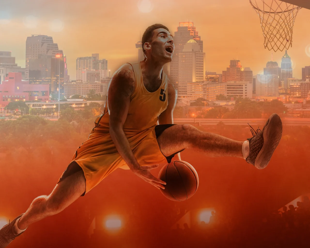 Basketball player in mid-air action against an artistic backdrop of San Antonio, highlighting basketball travel packages for the Men’s Final Four at the Alamodome.