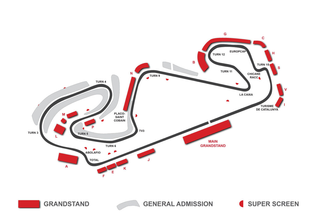 Illustrated map of the Spanish Grand Prix circuit showing turns, grandstands, general admission areas, and super screen locations, ideal for planning event attendance and travel packages.