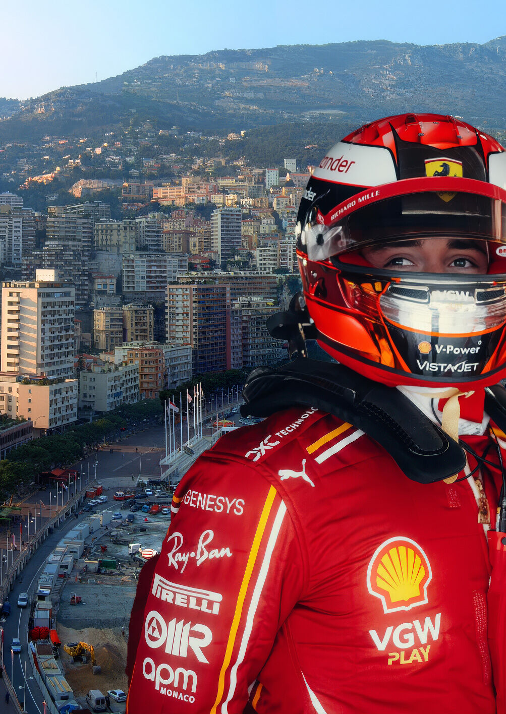 Race car driver in a red racing suit looks out towards the scenic Monaco harbor and cityscape, highlighting the luxury and excitement of the Monaco Grand Prix Packages.