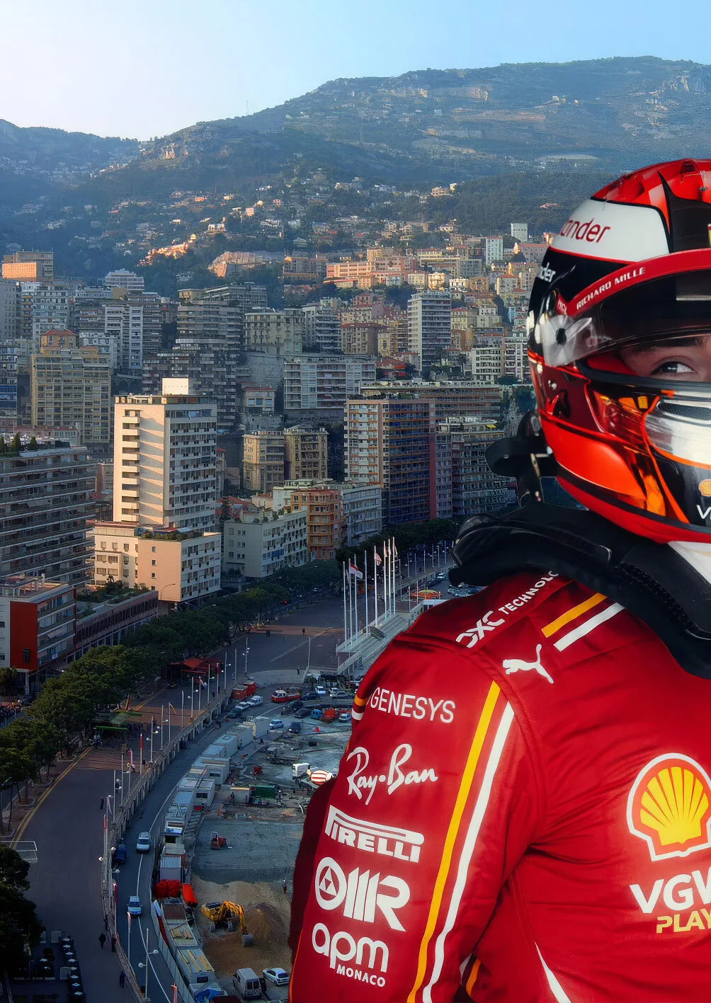 Race car driver in a red racing suit looks out towards the scenic Monaco harbor and cityscape, highlighting the luxury and excitement of the Monaco Grand Prix Packages.