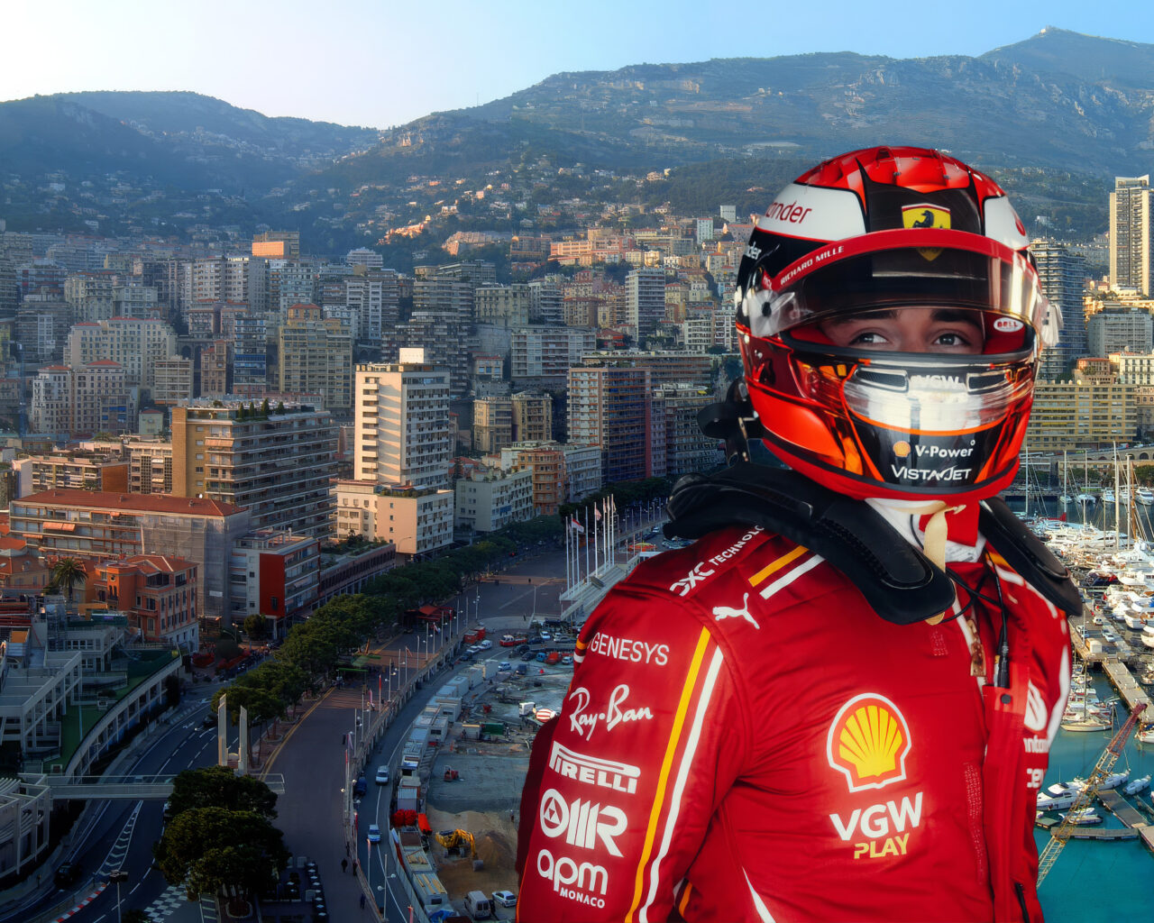 Race car driver in a red racing suit looks out towards the scenic Monaco harbor and cityscape, highlighting the luxury and excitement of the Monaco Grand Prix Packages.
