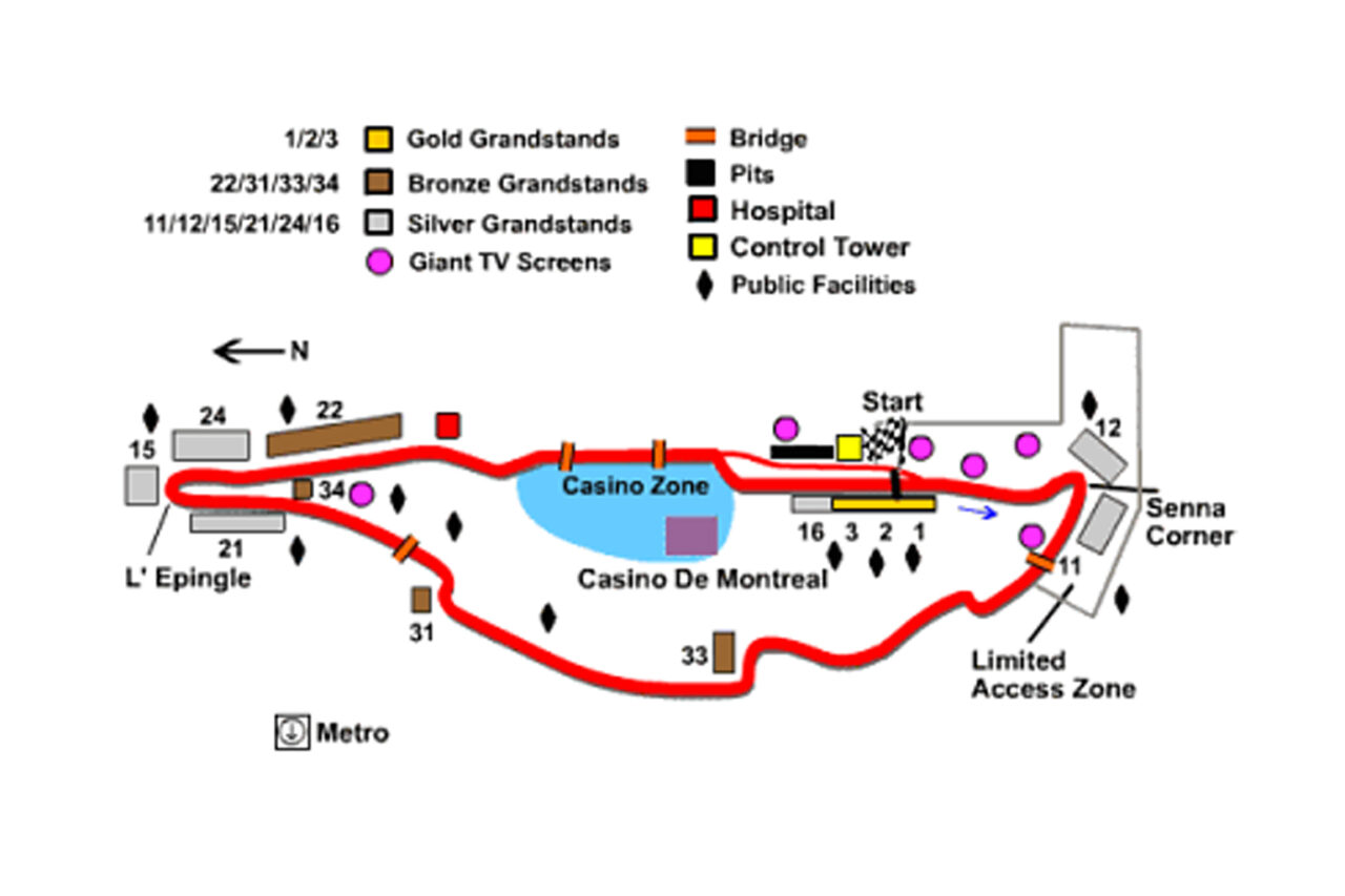 Color-coded map of the Canadian Grand Prix at the Circuit Gilles Villeneuve showing grandstands, key facilities, and the Casino Zone.