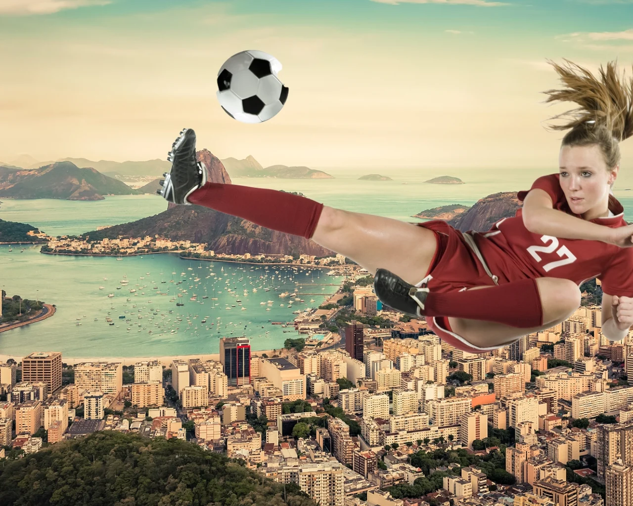 Female soccer player in mid-air kick over a scenic aerial view of Rio de Janeiro, promoting soccer travel and custom packages to Brazil.
