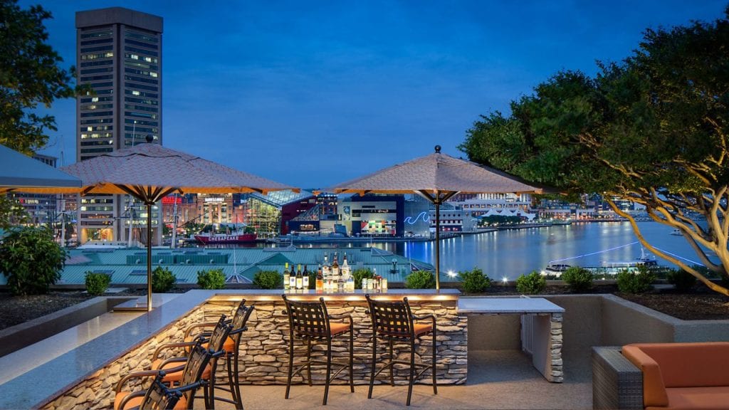 Outdoor bar at Hyatt Regency Baltimore Inner Harbor offering a view of the harbor, ideal for visitors attending the Preakness Stakes, featuring wicker bar stools and umbrella-covered tables.