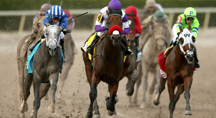 Jockeys race horses on a muddy track, capturing the excitement of the Preakness Stakes, a key moment likely related to the Preakness Stakes Travel Package Rates.