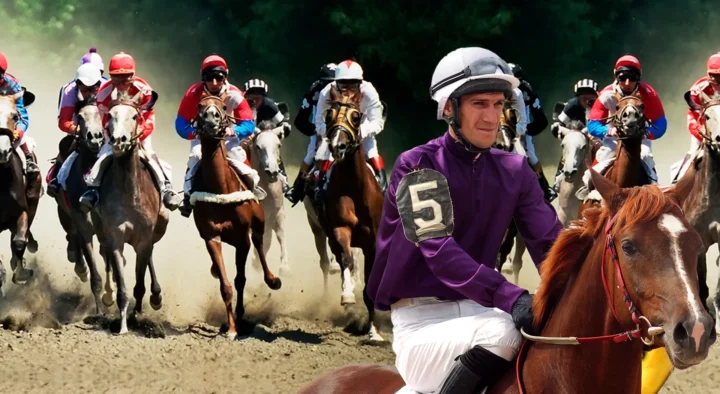 A horse race scene with multiple jockeys riding swiftly with a focus on a prominent jockey in purple gear riding at Pimlico Race Course, ideal for horse racing travel and ticket packages.
