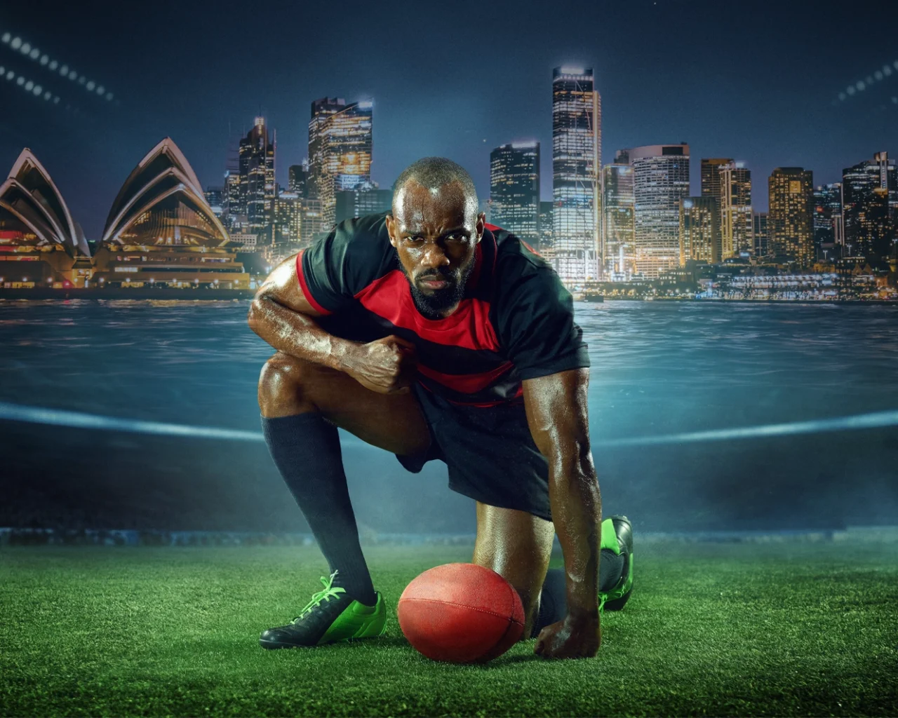 A rugby player crouches ready to play, with Sydney's skyline and the iconic Opera House in the background, promoting rugby travel and ticket packages.