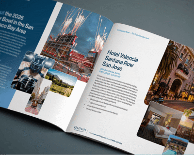 An open luxury travel guide brochure featuring information about the Super Bowl in the San Francisco Bay Area and Hotel Valencia Santana Row in San Jose.