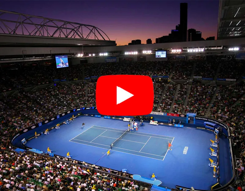 Video thumbnail of a crowded tennis stadium at sunset with a YouTube play button overlay, promoting a webinar on luxury sports travel opportunities for travel advisors.