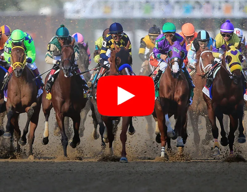 Horses race closely on a dirt track with a YouTube play button overlay, promoting a travel advisor webinar about luxury sports travel opportunities including the Kentucky Derby.