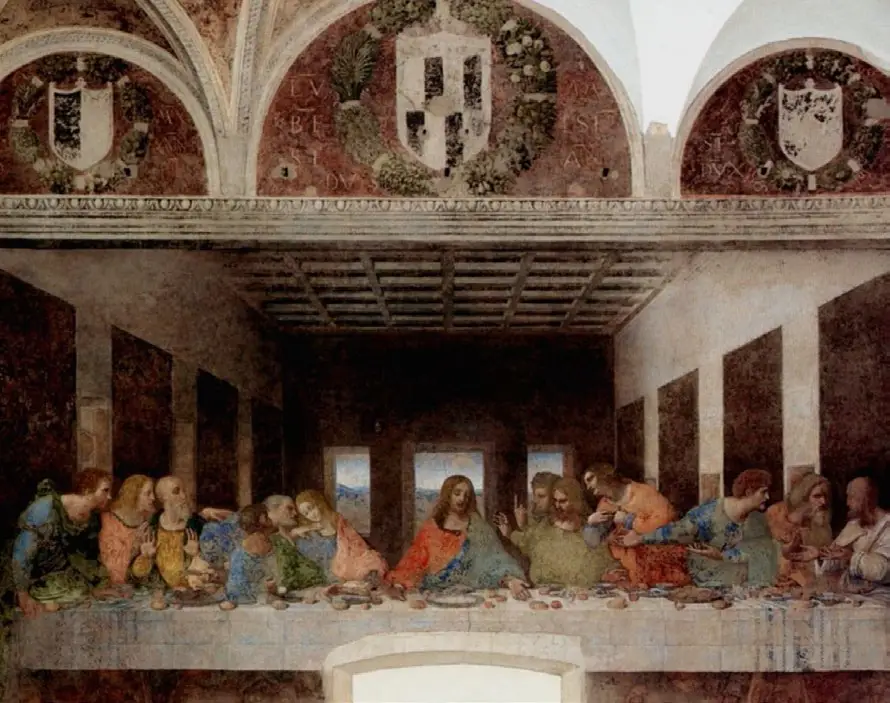 Leonardo da Vinci's 'The Last Supper' mural in Milan, depicting Jesus and his disciples dining, a key highlight for visitors interested in art and Milan's historical experiences.