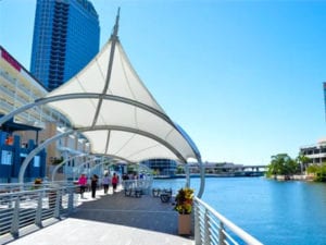 Tampa city Hillsborough river walk near Hillsborough Bay Florida.