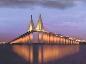 Sunshine Skyway cable-stayed bridge spanning Tampa Bay between St. Petersburg and Terra Ceia.