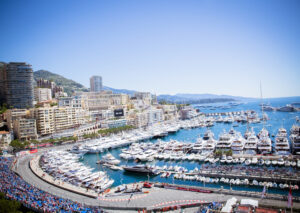 Elevated view over the Monaco Grand Prix circuit and harbour